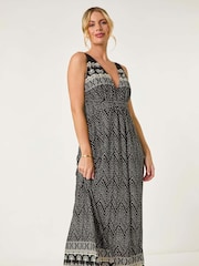 Roman Black Petite Palm Print Border Maxi Dress - Image 3 of 5