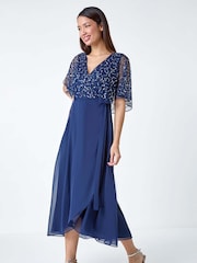 Roman Blue Sequin Embellished Maxi Wrap Dress - Image 3 of 5