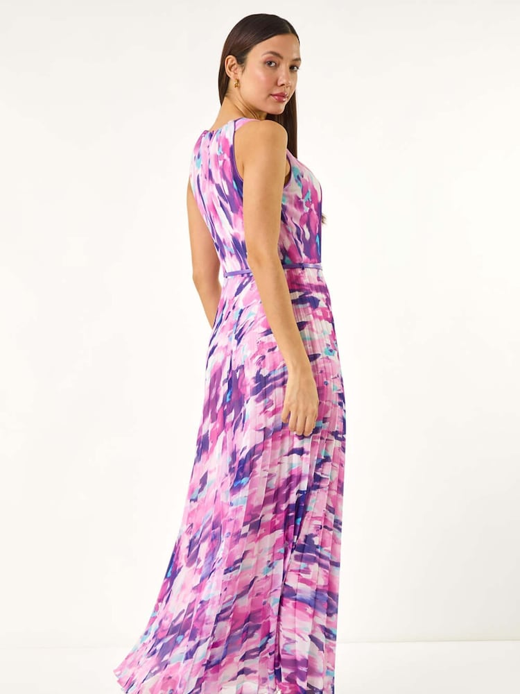 Roman Purple Blurred Print Pleated Maxi Dress - Image 2 of 5 Roman Purple Blurred Print Pleated Maxi Dress - Image 2 of 5