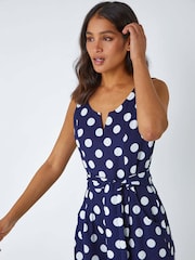 Roman Blue Spot Print Belted Jumpsuit - Image 4 of 5