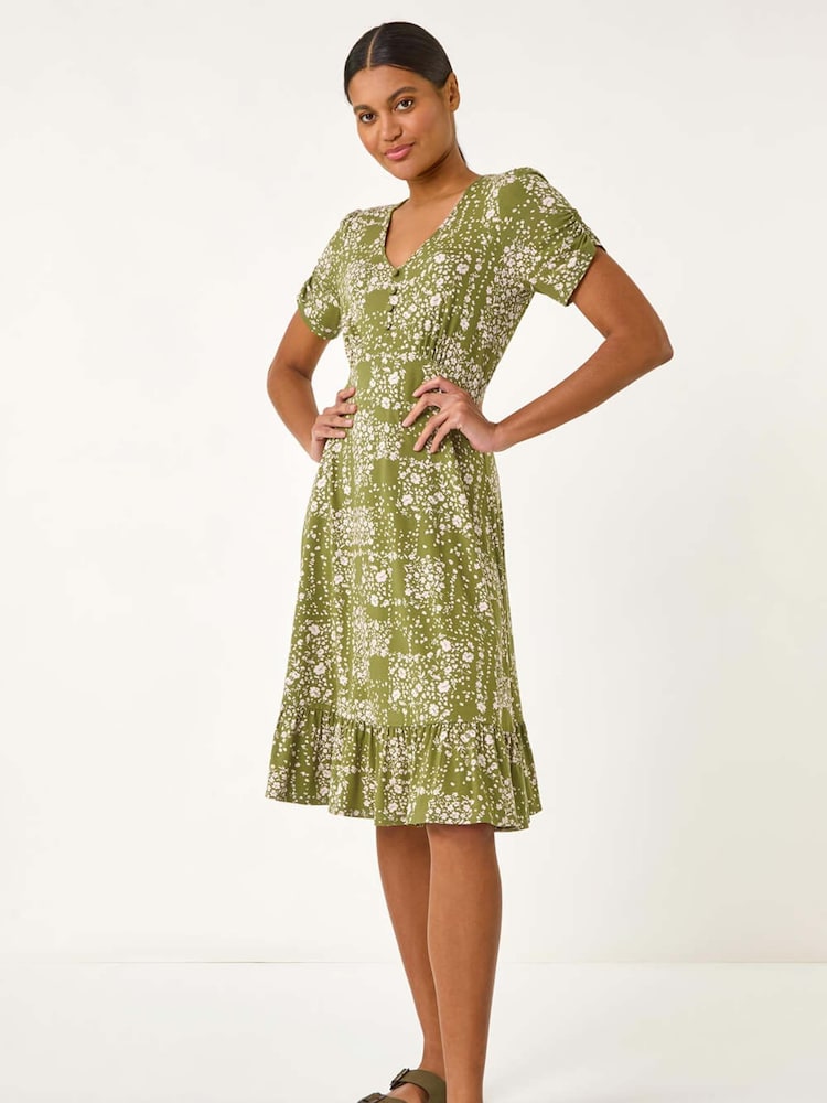 Roman Green Floral Print V-Neck Button Dress - Image 1 of 5 Roman Green Floral Print V-Neck Button Dress - Image 1 of 5