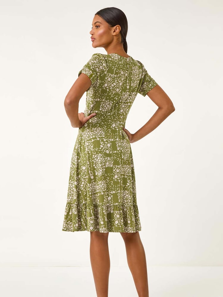Roman Green Floral Print V-Neck Button Dress - Image 2 of 5 Roman Green Floral Print V-Neck Button Dress - Image 2 of 5