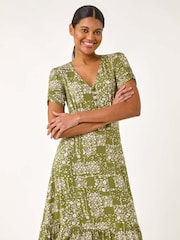 Roman Green Floral Print V-Neck Button Dress - Image 3 of 5