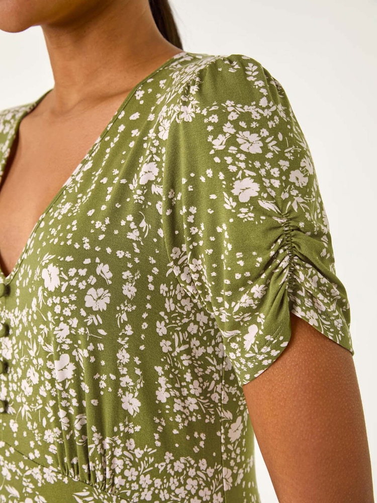 Roman Green Floral Print V-Neck Button Dress - Image 5 of 5 Roman Green Floral Print V-Neck Button Dress - Image 5 of 5