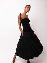 Amy Lynn Black Alexa Puffball Cotton Midi Dress - Image 1 of 5