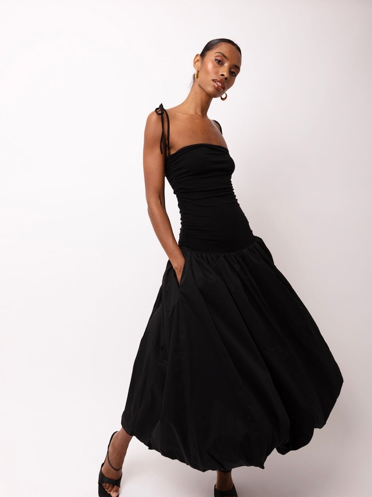 Amy Lynn Black Alexa Puffball Cotton Midi Dress - Image 1 of 5