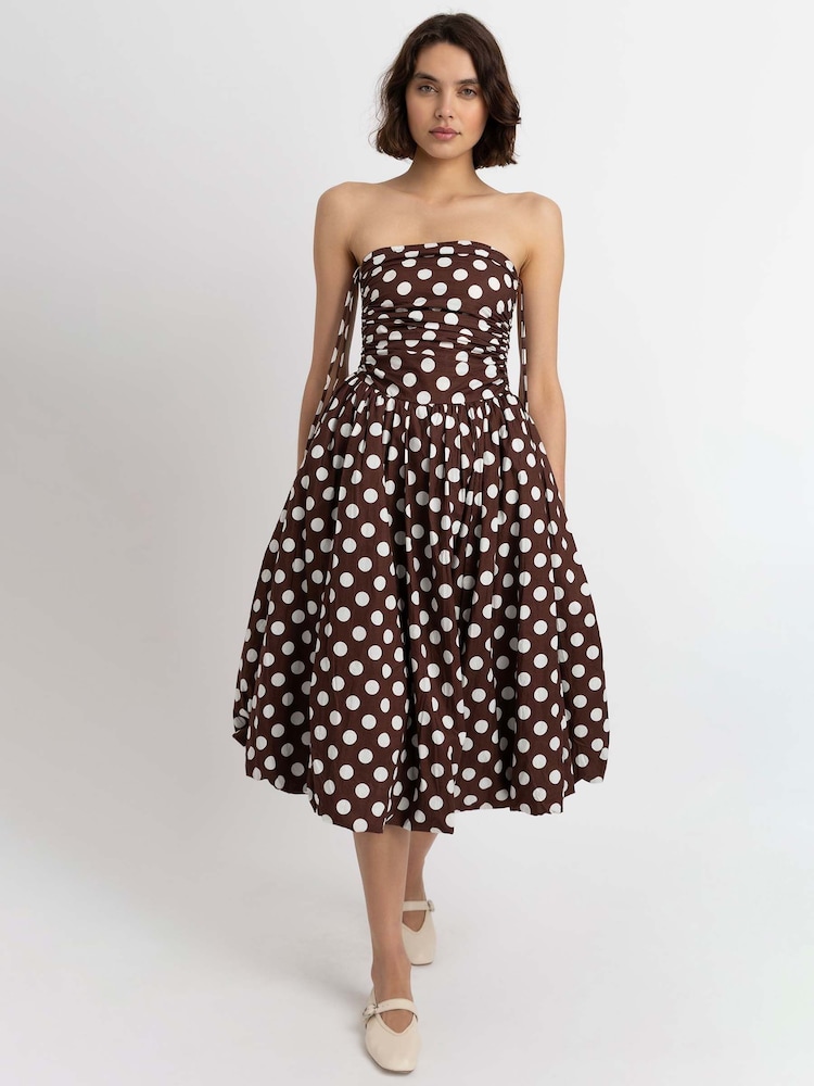 Amy Lynn Brown Polka Dot Alexa Puffball Cotton Midi Dress - Image 1 of 4 Amy Lynn Brown Polka Dot Alexa Puffball Cotton Midi Dress - Image 1 of 4