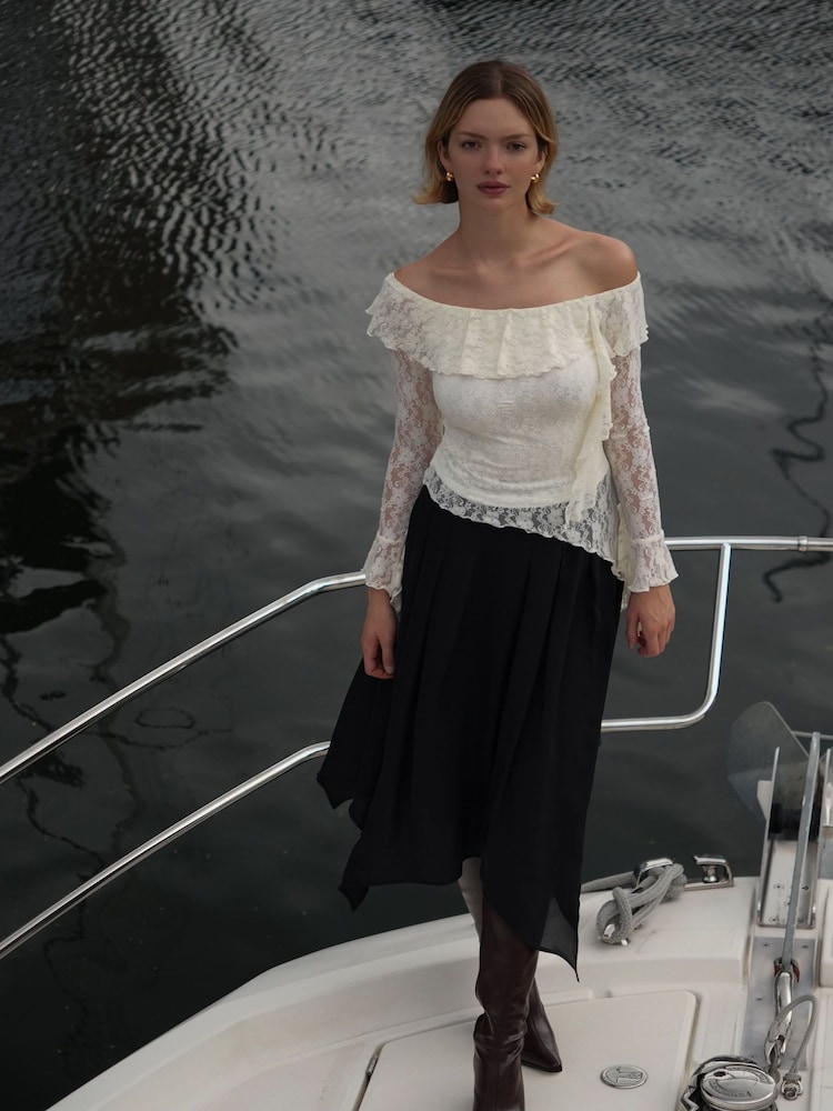 Amy Lynn Cream Billie Off-Shoulder Floral Lace Ruffle Asymmetrical Long Sleeve Top - Image 1 of 8 Amy Lynn Cream Billie Off-Shoulder Floral Lace Ruffle Asymmetrical Long Sleeve Top - Image 1 of 8