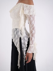 Amy Lynn Cream Billie Off-Shoulder Floral Lace Ruffle Asymmetrical Long Sleeve Top - Image 7 of 8