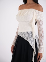 Amy Lynn Cream Billie Off-Shoulder Floral Lace Ruffle Asymmetrical Long Sleeve Top - Image 8 of 8