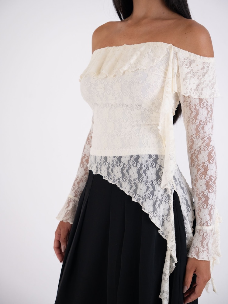 Amy Lynn Cream Billie Off-Shoulder Floral Lace Ruffle Asymmetrical Long Sleeve Top - Image 8 of 8 Amy Lynn Cream Billie Off-Shoulder Floral Lace Ruffle Asymmetrical Long Sleeve Top - Image 8 of 8