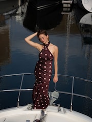 Amy Lynn Brown Baia Premium Satin Polka Dot Halter Maxi Dress - Image 1 of 9
