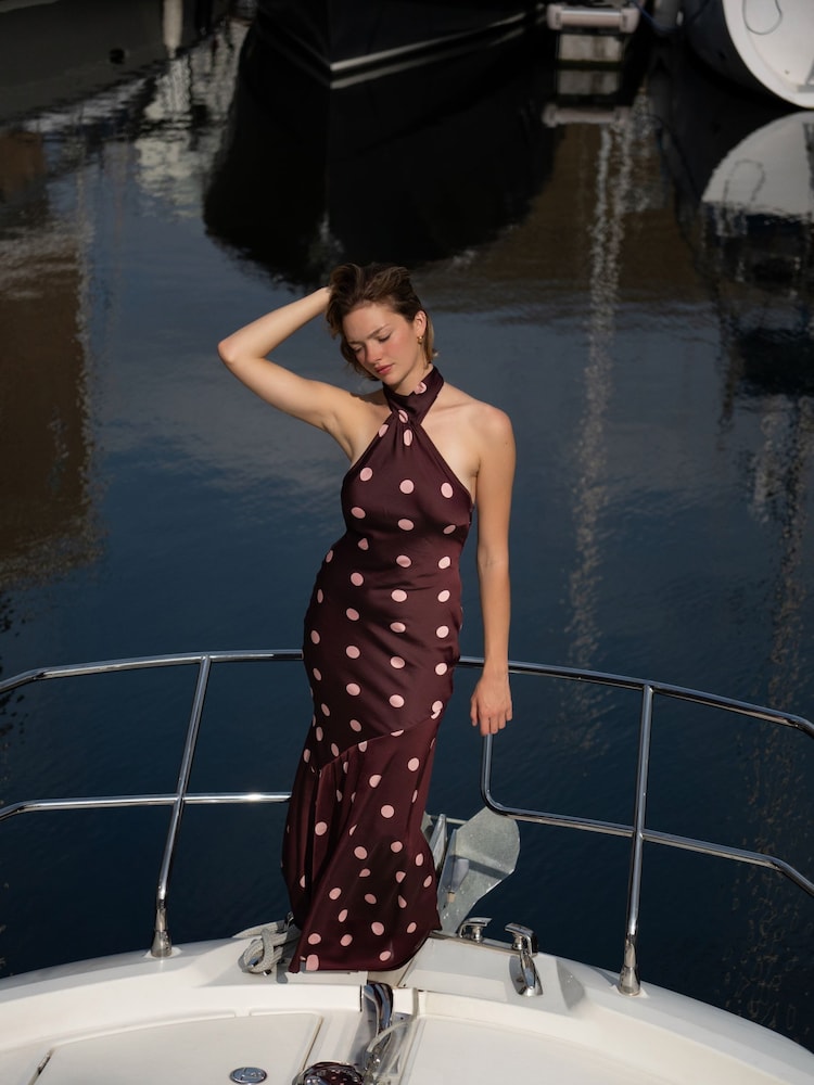 Buy Amy Lynn Brown Baia Premium Satin Polka Dot Halter Maxi Dress