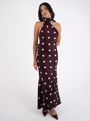 Amy Lynn Brown Baia Premium Satin Polka Dot Halter Maxi Dress - Image 4 of 9