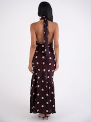 Amy Lynn Brown Baia Premium Satin Polka Dot Halter Maxi Dress - Image 5 of 9