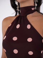 Amy Lynn Brown Baia Premium Satin Polka Dot Halter Maxi Dress - Image 8 of 9