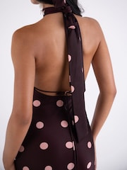 Amy Lynn Brown Baia Premium Satin Polka Dot Halter Maxi Dress - Image 9 of 9