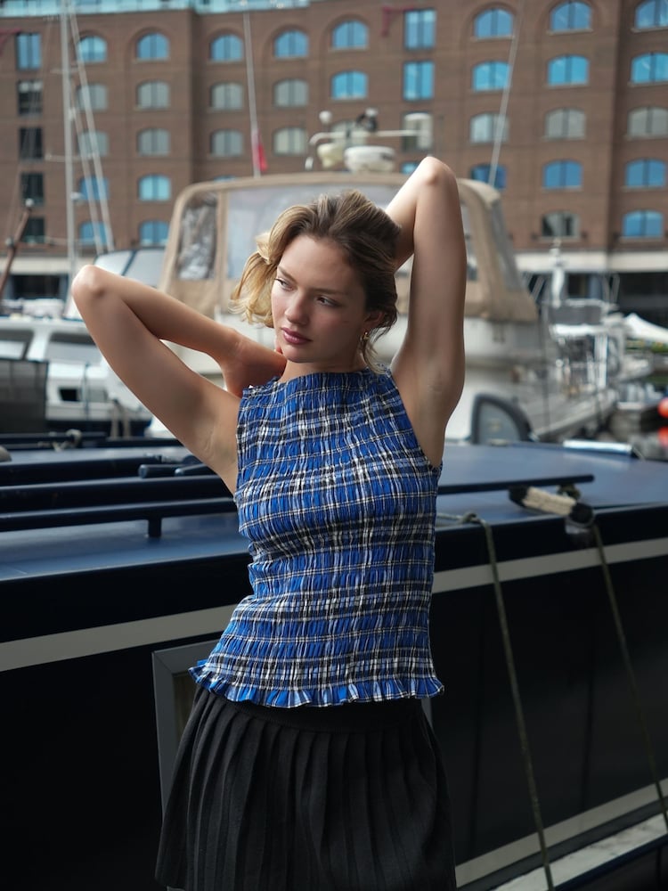 Amy Lynn Blue Cher Plaid Shirred Sleeveless Top - Image 1 of 8
