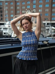 Amy Lynn Blue Cher Plaid Shirred Sleeveless Top - Image 3 of 8
