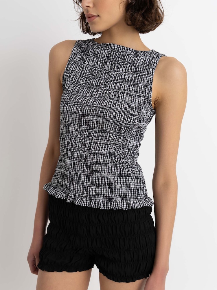 Amy Lynn Black Cher Plaid Shirred Sleeveless Top - Image 1 of 4 Amy Lynn Black Cher Plaid Shirred Sleeveless Top - Image 1 of 4