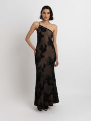 Amy Lynn Black Diviya 3D Floral Motif Mesh One Shoulder Maxi Dress - Image 1 of 4