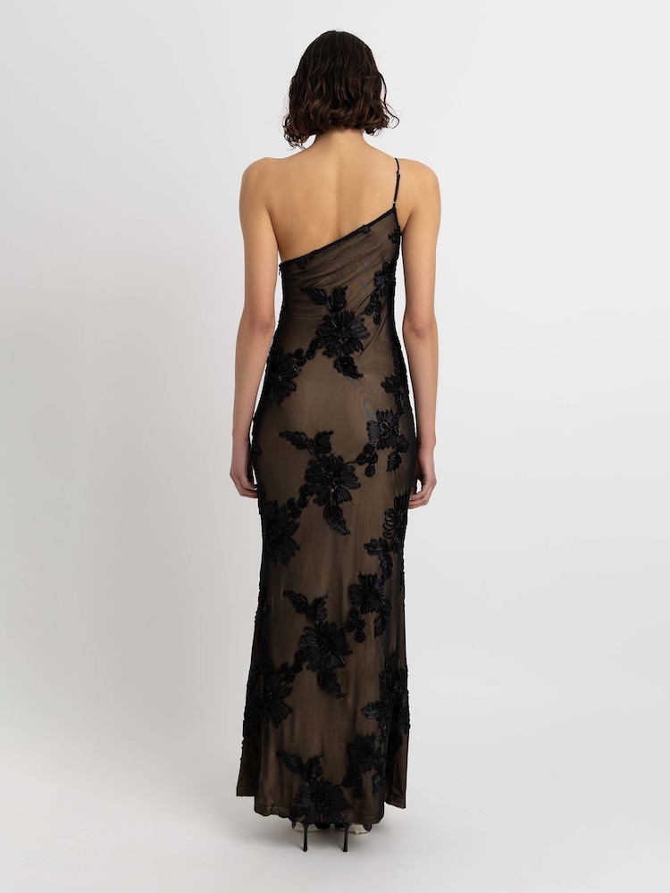 Amy Lynn Black Diviya 3D Floral Motif Mesh One Shoulder Maxi Dress - Image 2 of 4