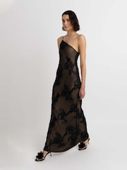Amy Lynn Black Diviya 3D Floral Motif Mesh One Shoulder Maxi Dress - Image 3 of 4