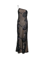 Amy Lynn Black Diviya 3D Floral Motif Mesh One Shoulder Maxi Dress - Image 4 of 4