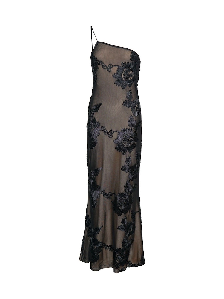 Amy Lynn Black Diviya 3D Floral Motif Mesh One Shoulder Maxi Dress - Image 4 of 4