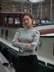 Amy Lynn Grey Iris Gingham Check Shirred Cotton Longsleeve Top - Image 1 of 7