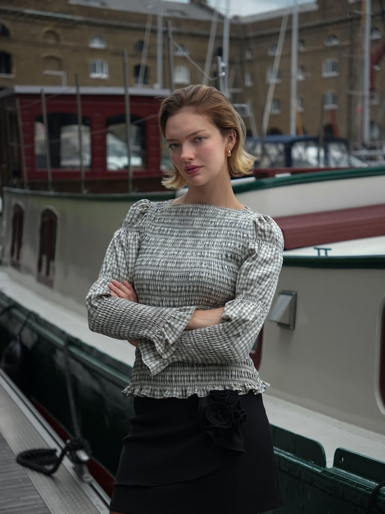 Amy Lynn Grey Iris Gingham Check Shirred Cotton Longsleeve Top - Image 1 of 7