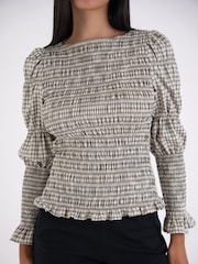 Amy Lynn Grey Iris Gingham Check Shirred Cotton Longsleeve Top - Image 3 of 7