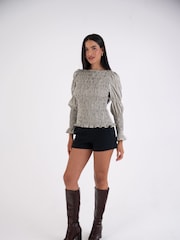 Amy Lynn Grey Iris Gingham Check Shirred Cotton Longsleeve Top - Image 4 of 7