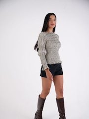Amy Lynn Grey Iris Gingham Check Shirred Cotton Longsleeve Top - Image 5 of 7