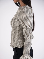 Amy Lynn Grey Iris Gingham Check Shirred Cotton Longsleeve Top - Image 6 of 7