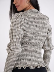 Amy Lynn Grey Iris Gingham Check Shirred Cotton Longsleeve Top - Image 7 of 7