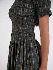 Amy Lynn Green Beatrix Heritage Check Shirred Cotton Midaxi Dress - Image 6 of 7