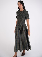 Amy Lynn Green Beatrix Heritage Check Shirred Cotton Midaxi Dress - Image 7 of 7