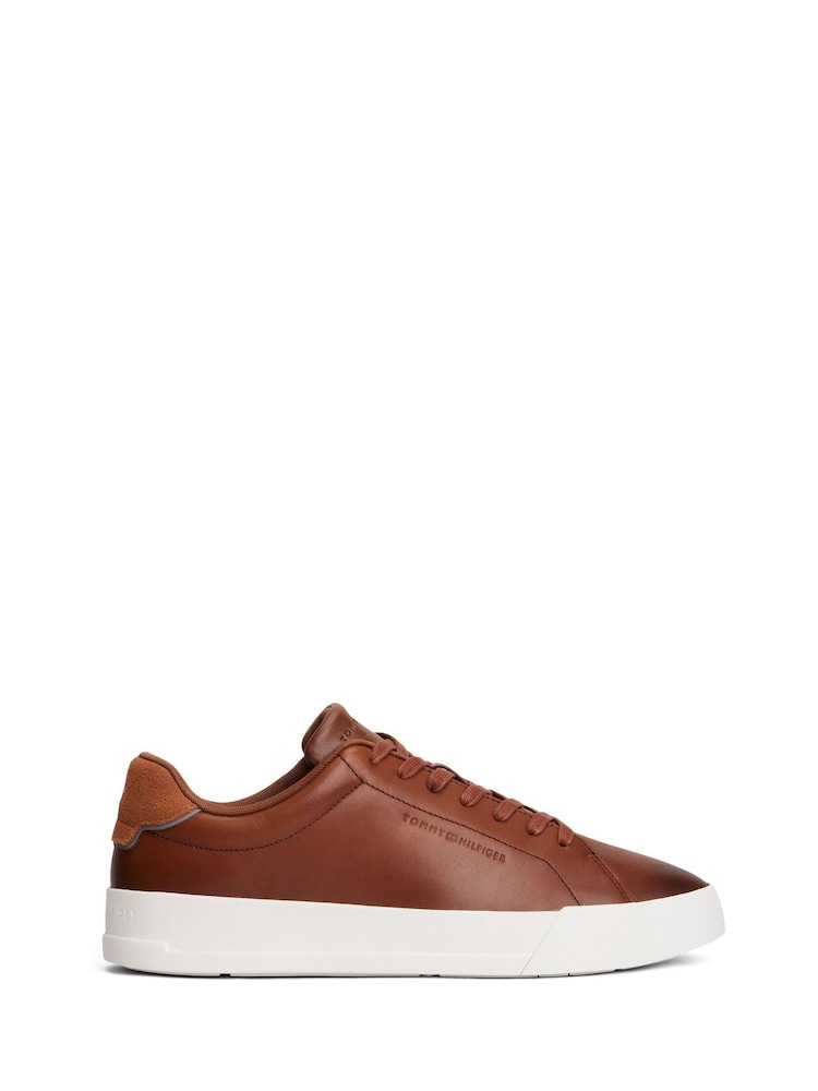 Tommy Hilfiger Brown Leather Debossed Logo Court Trainers - Image 1 of 7 Tommy Hilfiger Brown Leather Debossed Logo Court Trainers - Image 1 of 7