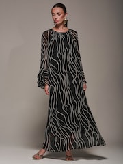 Jolie Moi Black Chiffon Long Sleeve Shift Maxi Dress - Image 6 of 7