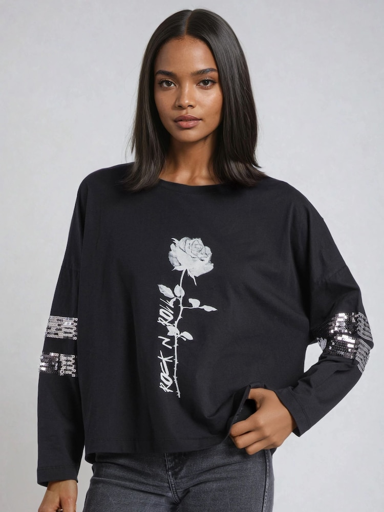Religion Black Long Sleeve Iris Top With Rose Graphic And Embellished Sleeves - Image 1 of 4