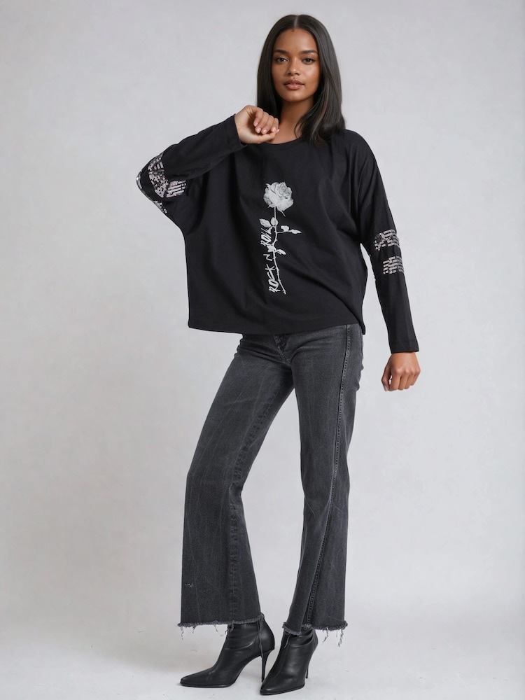 Religion Black Long Sleeve Iris Top With Rose Graphic And Embellished Sleeves - Image 2 of 4