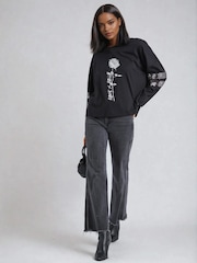 Religion Black Long Sleeve Iris Top With Rose Graphic And Embellished Sleeves - Image 4 of 4