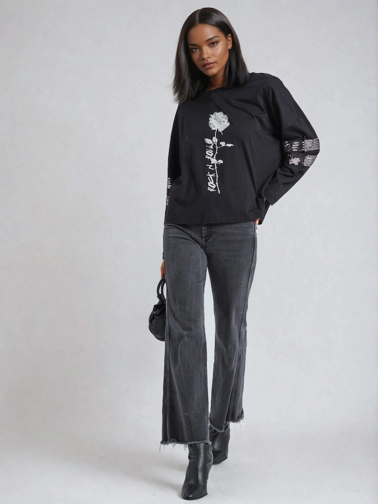 Religion Black Long Sleeve Iris Top With Rose Graphic And Embellished Sleeves - Image 4 of 4 Religion Black Long Sleeve Iris Top With Rose Graphic And Embellished Sleeves - Image 4 of 4