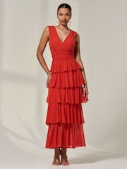 Jolie Moi Orange Mesh Sleevless Tierred Dress - Image 1 of 6