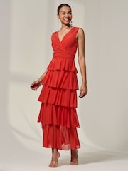 Jolie Moi Orange Mesh Sleevless Tierred Dress - Image 2 of 6