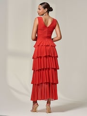 Jolie Moi Orange Mesh Sleevless Tierred Dress - Image 3 of 6
