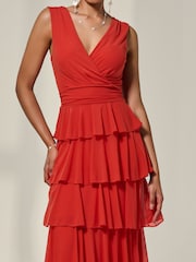 Jolie Moi Orange Mesh Sleevless Tierred Dress - Image 4 of 6