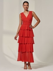 Jolie Moi Orange Mesh Sleevless Tierred Dress - Image 5 of 6