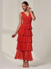 Jolie Moi Orange Mesh Sleevless Tierred Dress - Image 6 of 6